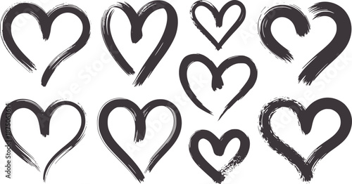 Eight hand drawn dark grey hearts brush stroke style love