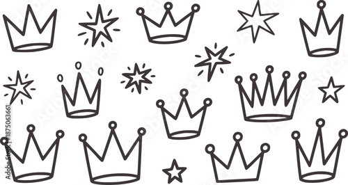 Hand drawn collection of crowns and stars simple outline symbol royalty king