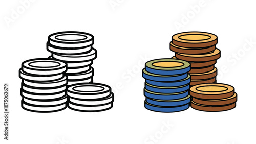 Stacks of coins in different colors and arrangements