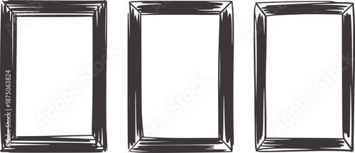 Three rough black hand drawn empty rectangular frames rectangle