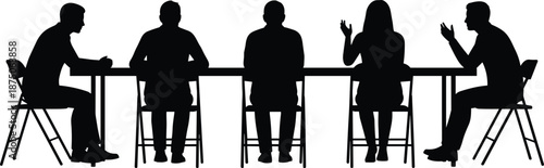 Vector silhouette of business people sitting at a long table for a meeting, professional team collaboration, corporate group discussion, and partnership.