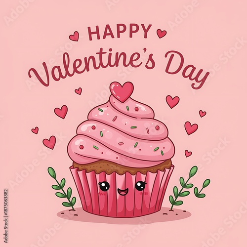 A cute cartoon cupcake with pink frosting and sprinkles celebrates Happy Valentine's Day with a smiling face