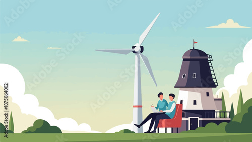 Illustration of two men with a laptop working outdoors by a wind turbine and a traditional windmill