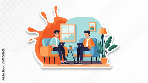 Illustration of two men working on laptops, sitting in armchairs in a cozy, modern living room