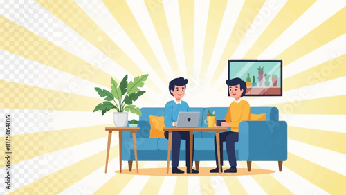Illustration of two men with a laptop on a blue sofa in a room with a vibrant sunburst pattern