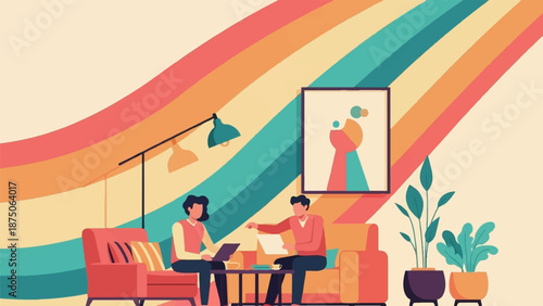 Illustration of two people collaborating in a vibrant, retro living room with a colorful rainbow wall
