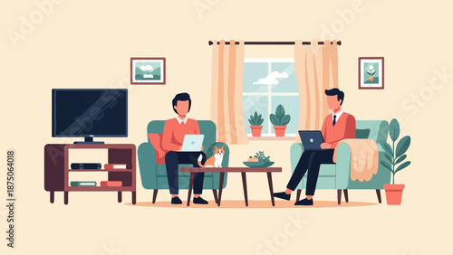 Illustration of two men working remotely on laptops in a comfortable, modern living room with a cat