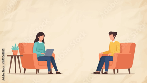 Illustration of two people in armchairs for a professional meeting, interview, or therapy session