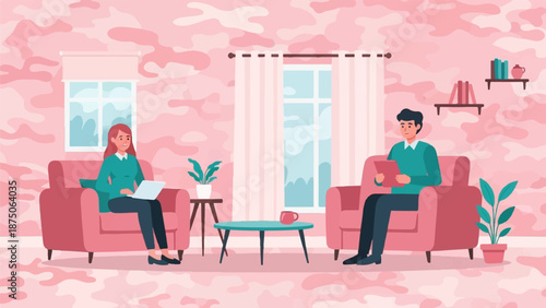 Illustration of two people in armchairs having a professional meeting in a cozy pink living room
