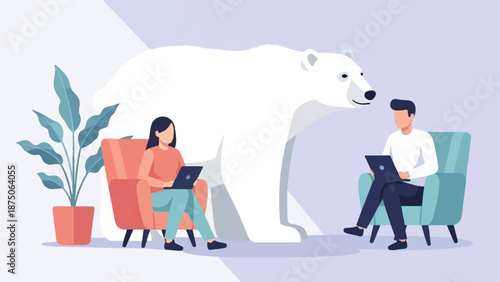 Illustration of two people on laptops in armchairs with a large polar bear standing between them
