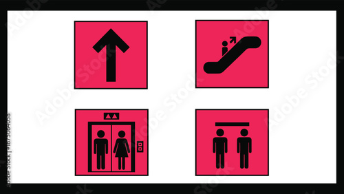 Public wayfinding sign set with up arrow, escalator, elevator with male and female figures and social distancing icons, information signage.