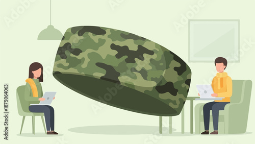 Illustration of two people on laptops with a giant camouflage headband floating between them in a room