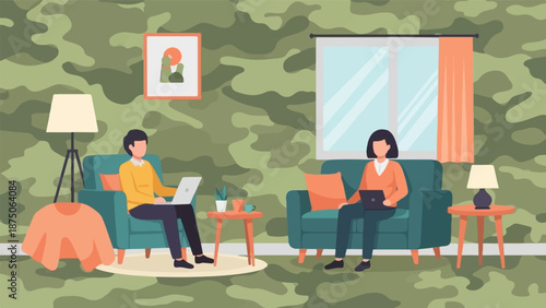 Illustration of two people working on laptops in a cozy living room with camouflage-patterned walls
