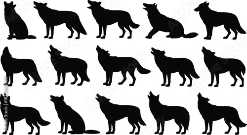 Wolf silhouette collection, black animal poses, howling and walking stances, wildlife illustration, nature design, forest predator icon set