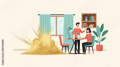 Illustration of two people working in a home office, ignoring a large golden explosion next to them