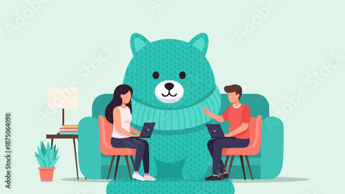 Illustration of two people working on laptops, sitting in front of a giant knitted teal teddy bear
