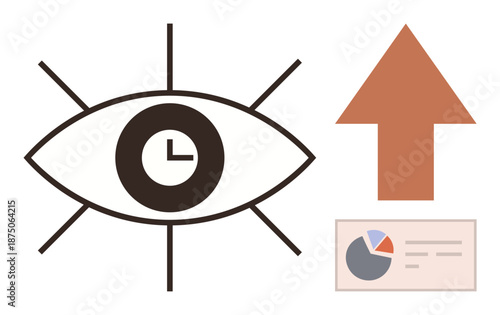 Time management, business growth, productivity, data analysis, decision making, strategy planning. Eye with clock, upward arrow and a chart with pie graph. Time management and business growth