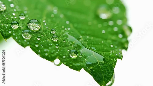 Close-up macro shot of water droplets on a vibrant green leaf, showcasing nature's intricate beauty and purity in stunning detail