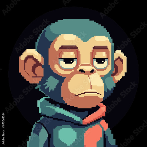 Photography Pixel art monkey with a hoodie looking sad or bored