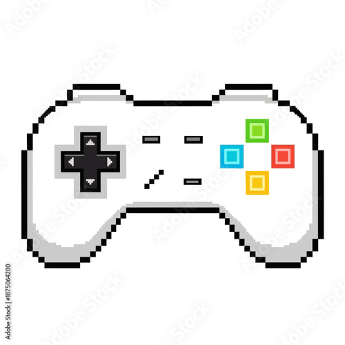 Pixel art video game controller with colorful buttons and joystick