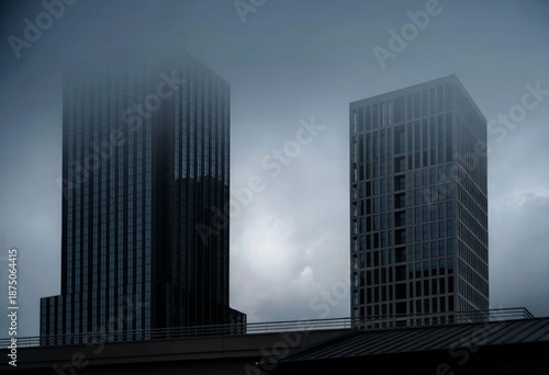 Modern skyscrapers in foggy weather