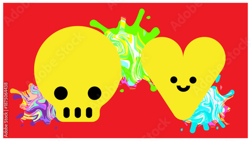 毒々しい色合いで描いたドクロとハートのポップな警告イラスト