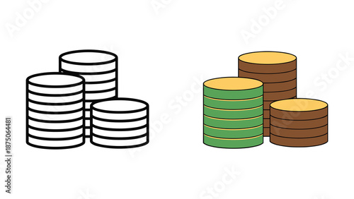 Stacks of coins in different colors and arrangements