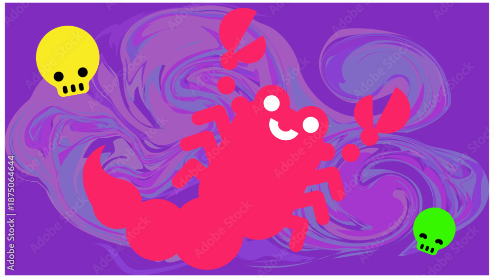 Obraz premium 毒々しい雰囲気の中で描かれたかわいい毒サソリのキャラクターイラスト
