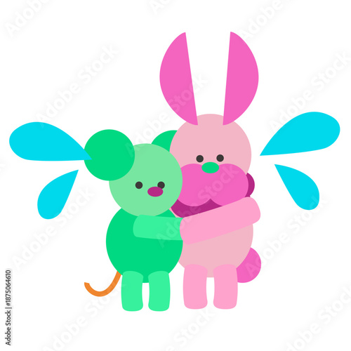 抱きしめ合うかわいい動物キャラクターのやさしいイラスト