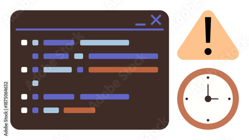 Software development, deadlines, error notifications, coding issues, time management, troubleshooting. Code editor, clock and warning symbol. Software development and deadlines