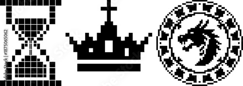 Retro Pixel Icon Set: Time, Royalty, and Dragon Emblem Symbols