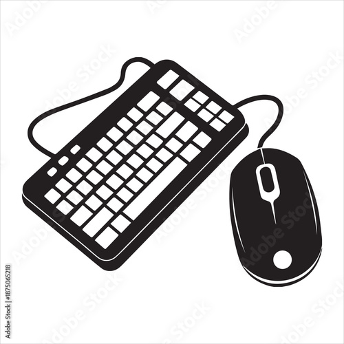 A black silhouette of a computer keyboard and mouse, positioned side by side. The keyboard features standard keys and a cable, while the mouse has a simple design with a scroll wheel