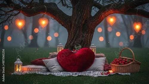 Romantic picnic setup under a tree with heart lights