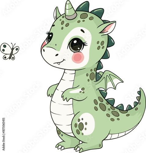 Cute cartoon green baby dragon character standing and looking at a flying butterfly vector illustration isolated on white background for kids nursery wall art print.