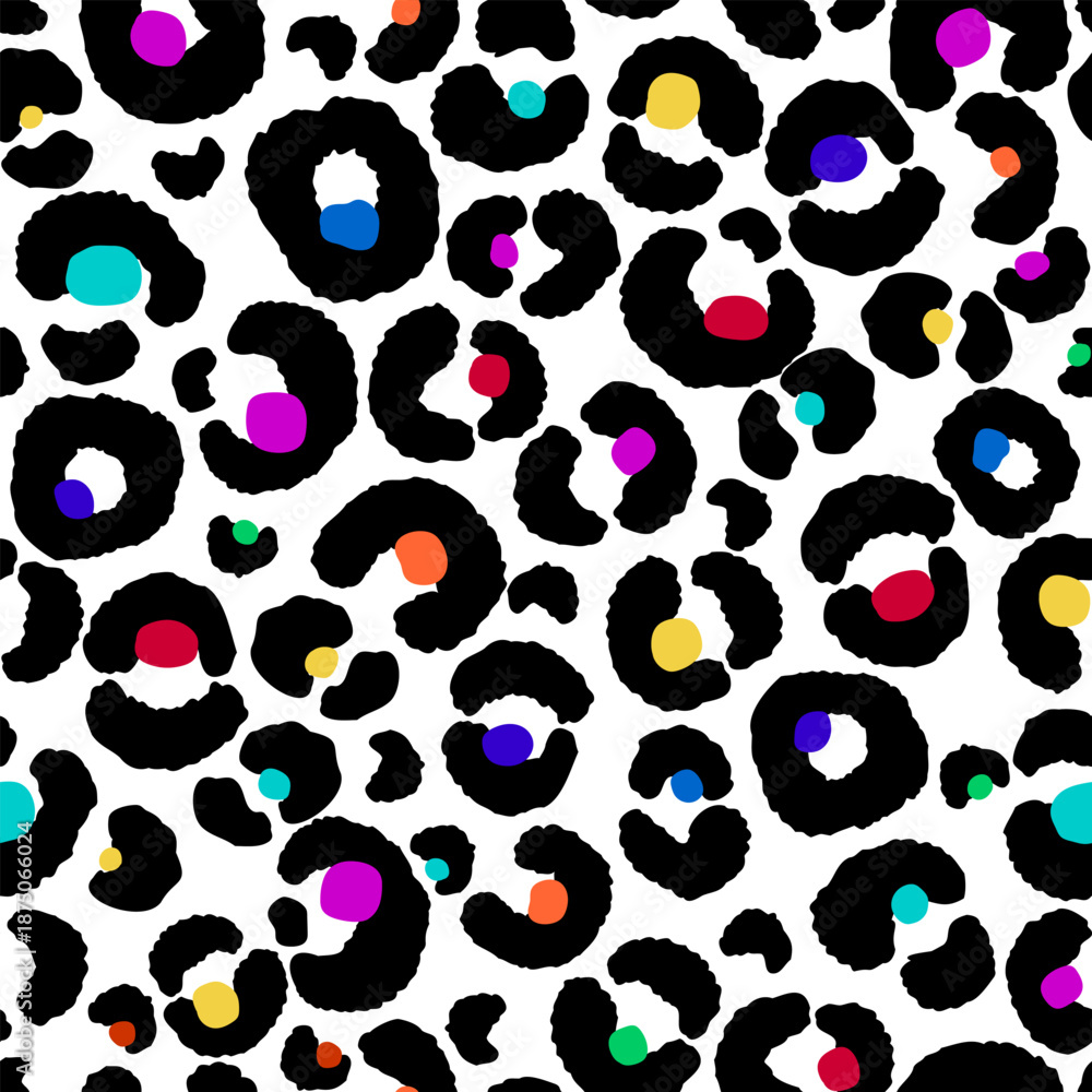 Fototapeta premium Abstract colorful animal seamless pattern. Hand-drawn leopard skin motifs bright