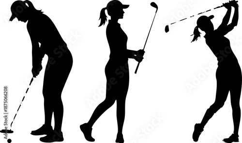 Vector silhouettes of woman playing golf, isolated on white.