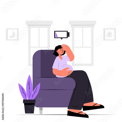 Pregnant woman experiencing fatigue and low energy concept illustration