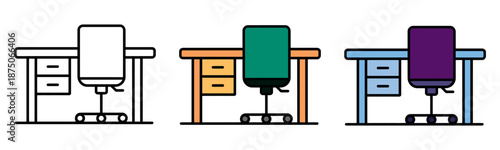 Office desk and chair icon variations in outline and vibrant color styles for workspace design