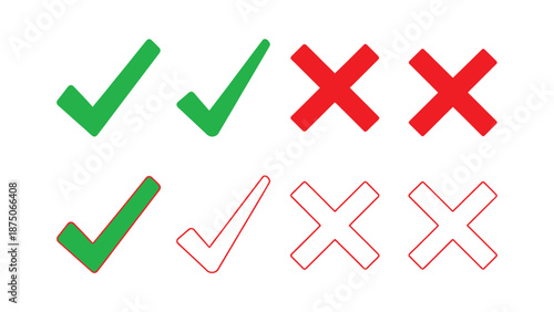 Checkmarks and crosses in different colors and styles on a white background
