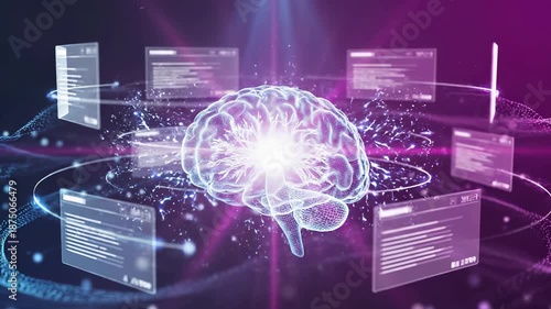 Digital brain hologram surrounded by interface panels and data networks. Artificial intelligence concept represents neural, machine learning, cognitive computing and advanced technology for processing
