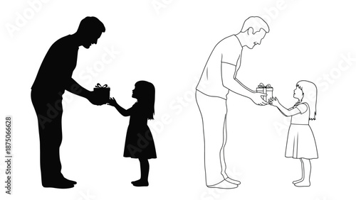 a man and a girl in silhouette and line art giving each other flowers
