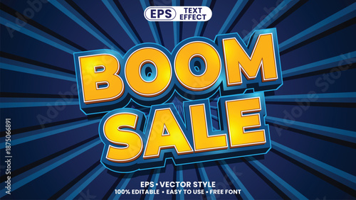3D editable boom sale vector text effect with comic-style sunburst background for marketing and promotion.