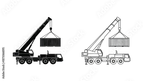 black and white illustration of two cranes lifting shipping containers