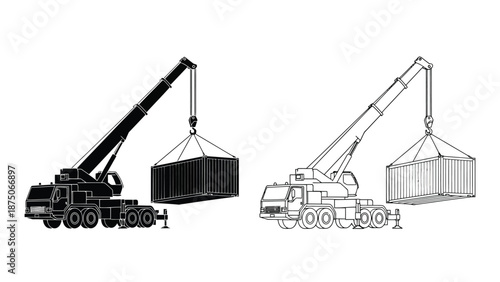 black and white illustration of two cranes lifting containers
