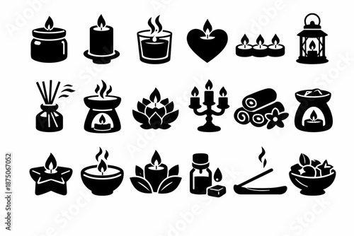 Variety of aromatherapy icons: candles, diffusers, oils, and incense illustrations