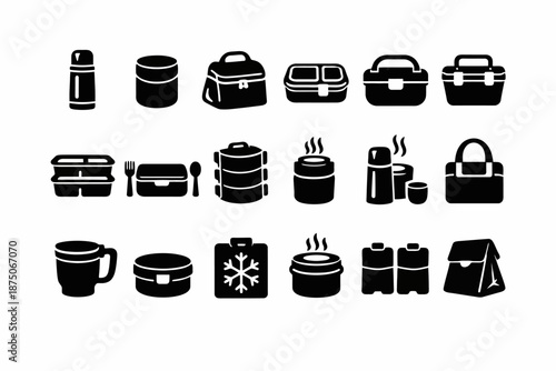 Variety of lunchbox and thermos icon set