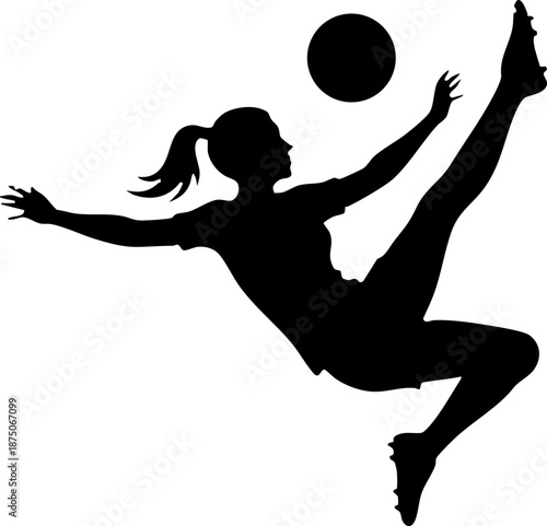 Dynamic black silhouette of woman football player kicking ball.