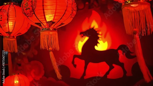 Red lanterns illuminate a horse silhouette against a fiery background, evoking a sense of celebration and tradition