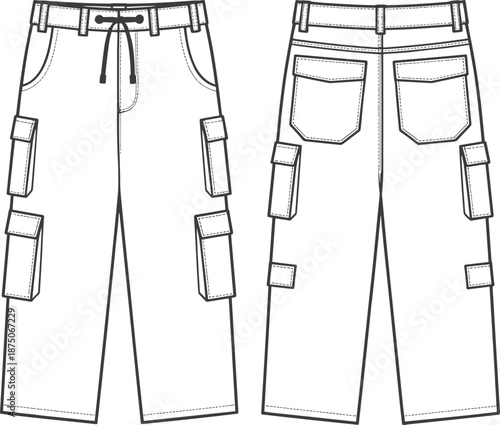 Cargo pants technical flat vector illustration, front and back view, utility pocket trousers CAD drawing, fashion apparel design isolated