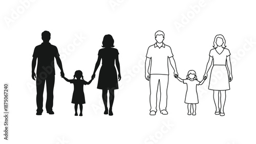 two families with parents and a child standing together hand in hand